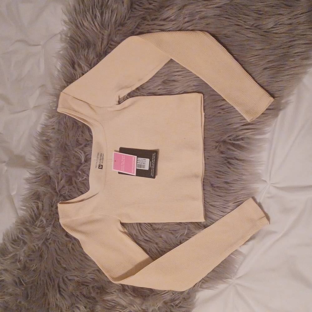 Ribbed Long Sleeved Crop Top, Nude